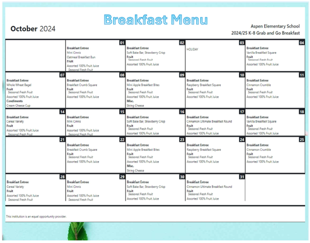 October Breakfast Menu